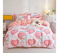 4 pièces/set Épais ensemble de literie avec imprimé cœur rose et ours, doux et respirant, simple et élégant, lavable en machine, convient pour la décoration de la chambre, toutes saisons (1 housse de 