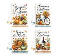 4 Pièces Torchon Automne Motif Citrouille et Vélo 60x40cm | Tissu doux (60x40cm) pour essuyer la vaisselle. Superbe décoration automne pour égayer facilement votre espace culinaire.