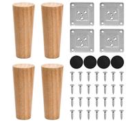 4 Pieds de Meuble en Bois 12cm, Pieds pour Table Lit Canapé Bois Massif Rond avec Plaque de Montage Vis Tapis Antidérapant