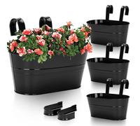 4 pots de fleurs suspendus (27 cm), pot de fleurs en métal noir, grand pot suspendu avec crochet amovible et trou, pour balcons, clôtures, fenêtres, balustrades – 27 x 22 x 12 cm