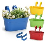 4 pots de fleurs suspendus en métal colorés (27 cm de diamètre), grands pots suspendus avec crochet amovible et trou, pour balcons, clôtures, fenêtres et balustrades – 27 x 22 x 12 cm