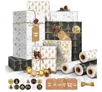 4 Rouleau Papier Cadeau Noel Gros, Emballage Cadeau Noel (43cm×3m) | Papier Cadeau Noel Décoré Gros Rouleau 12m Corde Kraft 10m + 6 Étiquettes + 12 Autocollants Chic Vintage