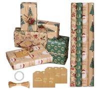 4 Rouleau Papier Cadeau Noel Kraft, 43cm x 3m Rouleau Papier Cadeau Avec 10m Corde De Chanvre Étiquette, Emballage Cadeau Noel De Fête, Wrapping Paper Christmas Pour Anniversaire, Mariage, Baby Shower