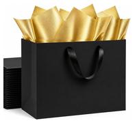 4 sacs cadeaux noirs XL avec des poignées + 10 feuilles de papier de soie doré