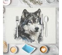 4 Sets de Table en Lin Portrait d'animal À L'Aquarelle, Set de Table Flocons De Neige Loups Sauvages, Lavables,Rectangulaires Résistants à la Chaleur,Décoration pour Cuisine,Table à Manger, 45x30cm