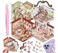 4 Sets DIY 3D Autocollant Scène, DIY Amusants House Stickers, Créer Votre Cafe, Boutique, Restaurant, Adorables DIY Autocollants de Scène avec 1 Pincette pour Soulager Stress