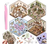 4 Sets DIY 3D Autocollant Scène, DIY Amusants House Stickers, Créer Votre Cafe, Boutique, Restaurant, Adorables DIY Autocollants de Scène avec 1 Pincette pour Soulager Stress