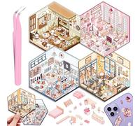 4 Sets DIY 3D Autocollant Scène, DIY Amusants House Stickers, Créer Votre Cafe, Boutique, Restaurant, Adorables DIY Autocollants de Scène avec 1 Pincette pour Soulager Stress