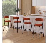 IDMARKET Lot de 4 tabourets de bar MIKI dossier incurvé tissu chenille terracotta pieds métal noir