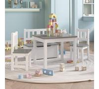 4-TLG. Ensemble de sièges pour enfants, blanc et gris, en MDF. Ensemble de meubles pour chambre d'enfant/chambre de bébé, comprenant une table, 2 chaises et un banc coffre, idéal pour les tout-petits,