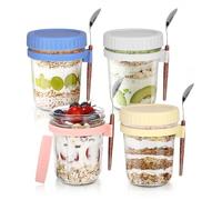 4 Verres à Flocons d’avoine pour la Nuit, Bocaux à yaourt Overnight Oats | avec Couvercle et Cuillère, Tasse à Yaourt Réutilisable, pour céréales à emporter, yaourt, avoine, lait, fruits, 350 ml