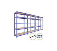 4 étagères de rangement T-Rax de 90 cm, bleu, pour garage ou atelier, 100 % sans vis, montage facile, capacité de charge de 280 kg par étagère, réglables en hauteur, avec pieds en caoutchouc et martea