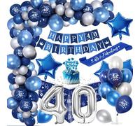 40 Ans Décoration Anniversaire Homme Chrome Bleu Argent,Royal Bleu Ballons Arch Kit avec Joyeux Anniversaire Bannière Cake Topper Nappe Birthday Sash Grand Ballon Numéro 40