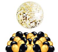 40 Ballons Or Noir + 1 Ballon Confettis 90 cm Ballon Géant XXL Transparent avec Confettis Doré pour Decoration Anniversaire, Fête Mariage et Nouvel An Deco