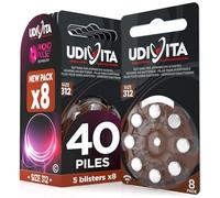 40 Piles Auditives 312 Udivita Marron Zinc-Air avec Technologie Phono Pulse | 5 Blisters de 8 Piles
