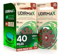 40 Piles Auditives PR41 Taille 312 (Marron) Udirmax Zinc-Air 0% Mercure 1,45V Eco Pack - 4 Blisters Écologiques de 10 Piles
