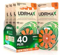 40 Piles Auditives PR48 Taille 13 (Orange) Udirmax Zinc-Air 0% Mercure 1,45V avec Technologie Dynamic Sonar Eco Pack - 4 Blisters Écologiques de 10 Piles