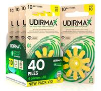 40 Piles Auditives PR70 Taille 10 (Jaune) Udirmax Zinc-Air 0% Mercure 1,45V avec Technologie Dynamic Sonar Eco Pack - 4 Blisters Écologiques de 10 Piles