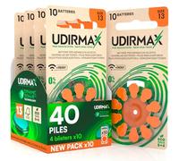 40 Piles Auditives Taille 13 Udirmax PR48 Orange Zinc-Air avec Technologie Dynamic Sonar Eco Pack - 4 Blisters Écologiques de 10 Piles