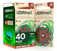 40 Piles Auditives Taille 312 PR41 Marron - Udirmax Zinc-Air 0% Mercure 1,45V avec Technologie Dynamic Sonar - Eco Pack 4 Blisters Écologiques de 10 Piles