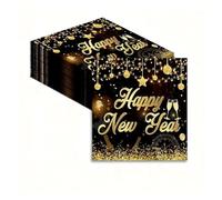 40 Serviettes de Table Happy New Year, 33 x 33 cm, Design Noir et Or, Serviettes de Nouvel an avec Paillettes, Décoration de Table pour Fête et Célébration de Réveillon 2025