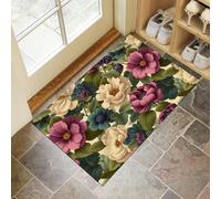 40 x 60 cm Paillasson Intérieur Antidérapant - Peinture à l'huile de fleurs Fleurs et feuilles violettes - Tapis en Microfibre Douce avec Base en Caoutchouc pour Cuisine, Salle de Bain - Beige vert