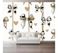 400 x 280 cm Papier Peint Panoramique Ecologique Doux Romantique | Campagne Mignon Rayure Cœur Nœud Décoration Papier Peint Murale, Multicolore Non Autocollant
