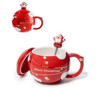400ml Tasse Rouge en Céramique avec Cuillère et Couvercle, Tasse à Café, Chocolat chaud, Lait de poule pour enfants,Cadeau de Noël