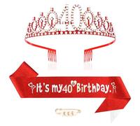 40e anniversaire décoration fille 40e anniversaire couronne et écharpe princesse couronne reine tiare cristal anniversaire coiffe 40 anniversaire décoration ensemble fille fête d'anniversaire, rouge