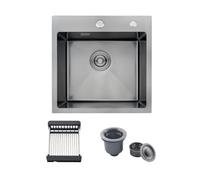 45 x 45 cm Evier Cuisine Inox 1 Bac avec Panier Télescopique, Noir | Évier 1 Cuve Acier Inox, Pose Encastrée ou Sur Plan, Équipé de 2 Trous Robinetterie, Bonde de Vidange Complète