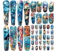 46 feuilles de tatouages temporaires pour hommes et femmes, 8 faux tatouages de requin dauphin, 8 tatouages à demi-manches de l'océan, méduses, tortues, poissons, 30 petits autocollants pour adultes