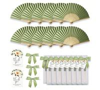 48/24/4/1 pièce Ensemble d'éventails verts pour mariage et anniversaire pour femmes | Éventail pliable avec nœud vert, carte et sac en maille transparente, parfait pour la décoration de mariage et de 