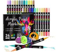 48 Couleurs 24 Stylos Feutre Acrylique, Feutre Peinture Acrylique Double Pointe Pinceau, Marqueur Acrylique Pour Papier, Verre, Galet, Métal, Plastique, Bois, Oeuf, Céramique, Textile