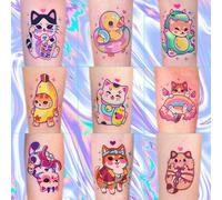 48 motifs (8 feuilles) Super mignon dessin animé Cute chat Tattoo Sticker Femme étanche Faux Tatouage Simulation durable Premium Sense Tatouage temporaire pour femme/girl CartoonPapetier