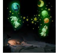 48 Pcs Stickers Muraux Fluorescent Enfants, Lune Étoiles Lapins et Ballons Phosphorescente Autocollant Mural Lumineux Autocollants
