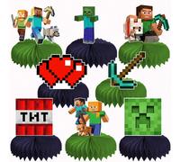 48 pièces Décoration en nid d'abeille thème pixel bloc d'herbe Minecraft, Vert Jaune Bleu Steve, Alex Décoration de fête d'anniversaire de bureau, Décoration de table de salle à manger en nid d'abeill