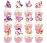 48 pièces Décorations de cupcakes avec papillons, set de décorations de cupcakes avec papillons violets colorés, piques de cupcakes avec papillons colorés, convient pour mariage, anniversaire, fête à