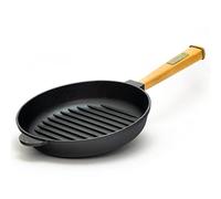 4BIG.fun Poêle à frire ronde en fonte de 24 cm de diamètre | Poêle à steak avec bandes de grill - Convient pour barbecue à gaz, four, foyer, tous les types de feux, y compris l'induction