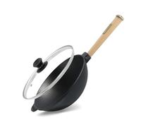 Wok Poêle à frire Ø24 cm 2,2 L en fonte avec poignée en bois Couvercle en verre Asia Poêle à wok à induction