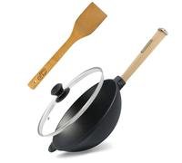 4BIG.fun Wok Poêle à frire Ø 26 cm 2,8 L en fonte avec poignée en bois Couvercle en verre Asiatique Wok Poêle à induction Spatule