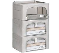 4CONVY Sacs de Rangement pour Vêtements avec Fermeture Éclair et Cadre en Métal - Housse de Rangement pour Couette, Draps - Boîtes de Rangement pour Vêtements Empilables, Robustes et Stables - 3x24L