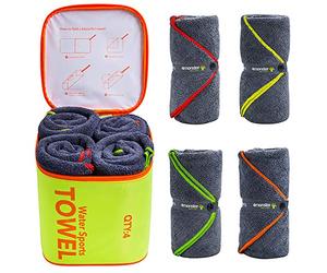 4Monster Lot de 4 Serviettes de Bain en Microfibre avec Sac à Accessoires, séchage Rapide et Super absorbantes, pour Voyage, Salle de Sport, Convient pour Adultes et Enfants, Famille, 61 x 122 cm