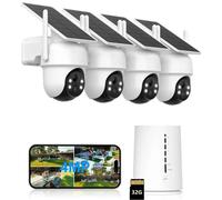 4MP caméra de surveillance extérieure solaire batterie 4er Set avec HomeBase 360° panoramique avec 2K couleur vision nocturne 365 jours avec 32GB mémoire locale caméra sans fil