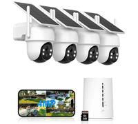 4MP caméra de surveillance extérieure solaire batterie 4er Set avec HomeBase 360° panoramique avec 2K couleur vision nocturne 365 jours avec 64GB mémoire locale caméra sans fil