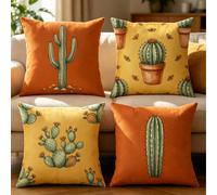 4pcs/1 pièce Housses de coussin imprimées cactus vintage début d'automne - Orange caramel, fond jaune gingembre vintage, motif cactus bleu sarcelle, housses de coussin de décoration de patio extérieur