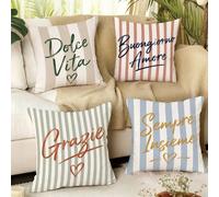 4pcs Housses de coussin à rayures verticales macaron avec motif imprimé de lettres italiennes en forme de cœur [Insert de coussin non inclus], 45*45cm/50*50cm/40*40, [Impression unilatérale] Style mod
