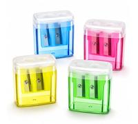 4pcs Taille-Crayon Double Trou Avec Couvercle, Pour École, Bureau & Maison - Matière Plastique, Bleu, Vert, Jaune, Rouge