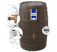 4rain Kit Récupérateur d'eau de pluie Tonneau VINO 400 L brun foncé avec robinet PE imitation laiton, couvercle et collecteur Eco gris