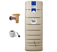 4rain Slim Kit Récupérateur d’Eau de Pluie 650L Sable - Cuve Murale de récupération Robuste - Réservoir d’Eau de Pluie + Robinet PE Imitation Laiton + collecteur Eco Gris