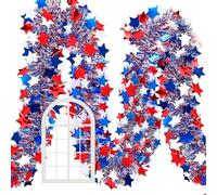 4th of July Garland LED Patriotic Bunting - 10m 33ft Red White Blue Star Streamer with Glitter Stars ABS Battery Powered AA Not Included - Indoor Outdoor Party Decoration for Independence Day Home